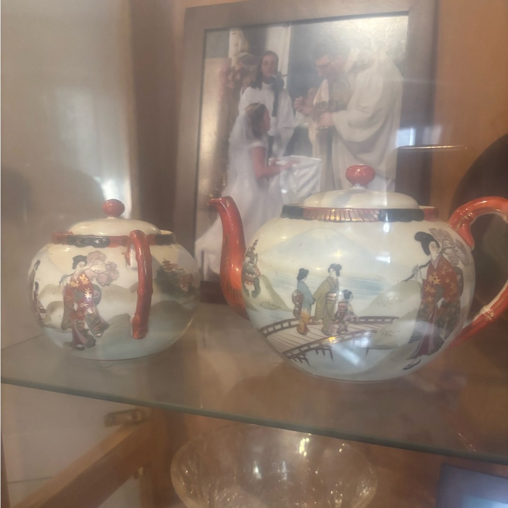 Unique Vintage Ceramic Tea Set with Scenic Design